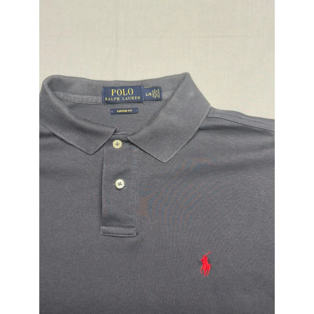 Polo Ralph Lauren Mens Gray Long Sleeve Custom Fit Polo Shirt Large L Red Pony
